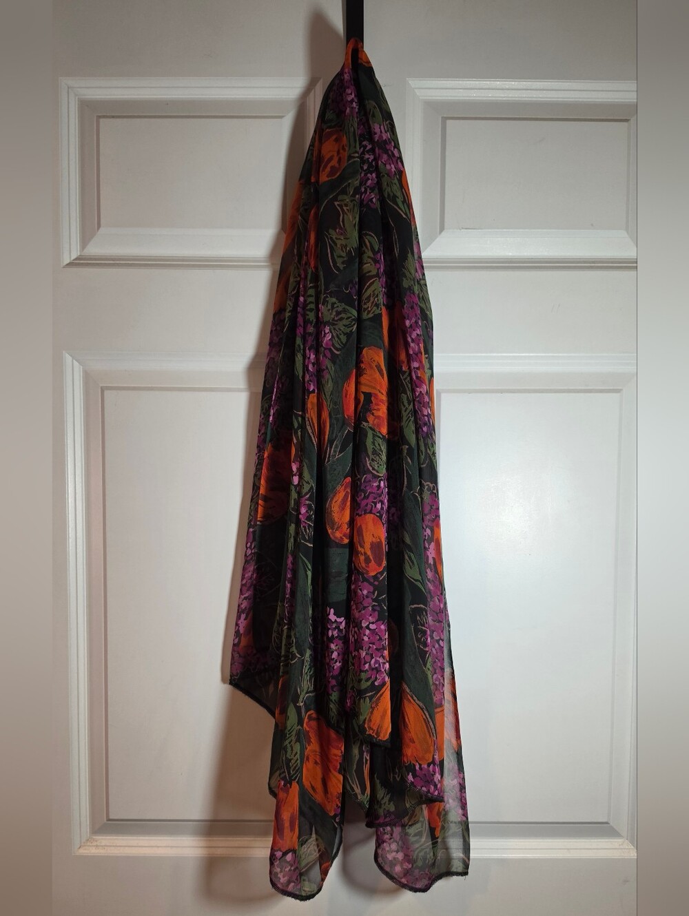 Tulip Floral Sheer Scarf in Black, Orange & Purple